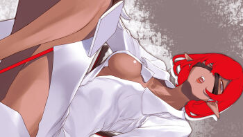 1girl absurdres black_mask breasts dark-skinned_female dark_elf dark_skin dungeon_ni_deai_wo_motomeru_no_wa_machigatteiru_darou_ka elf grey_eyes hair_between_eyes highres legi_gigi looking_at_viewer mask mask_lift medium_breasts mouth_mask naked_shirt novel_illustration official_art open_clothes open_mouth open_shirt pointy_ears red_hair shirt short_hair third-party_source tongue tongue_out white_shirt yasuda_suzuhito