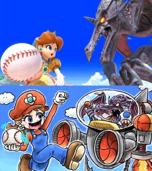 Rule 34 | 1girl, 2boys, baseball, blue overalls, blue sky, blue toad (mario), brown hair, claws, cloud, colored skin, cosplay, dragon, dress, earrings, fangs, flower earrings, game screenshot inset, gloves, hat, jewelry, kicdon, mario, mario (cosplay), mario (series), metroid, multiple boys, nintendo, orange dress, overalls, princess daisy, purple skin, red hat, ridley, sky, spacecraft, super mario land, super smash bros., white gloves