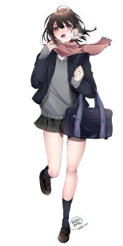 1girl :d absurdres ahoge akabuchi_megane artist_name bag black_jacket black_socks blazer blue_bag blush breath brown_eyes brown_hair brown_shoes cold commentary_request dated elbow_carry floating_hair floating_scarf fringe_trim full_body grey_skirt grey_sweater hair_between_eyes hands_up highres holding holding_bag jacket lapels loafers long_sleeves looking_at_viewer lower_teeth_only medium_hair miniskirt notched_lapels open_clothes open_jacket open_mouth original pink_scarf plaid_clothes plaid_skirt pleated_skirt running scarf school_bag school_uniform shoes sidelocks signature simple_background skirt sleeves_past_wrists smile socks solo standing standing_on_one_leg sweater teeth white_background winter_uniform