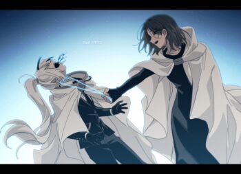 1boy 1girl bbunny black_blood black_gloves black_jacket black_necktie black_pants blood brown_hair cape gloves holding holding_string jacket letterboxed library_of_ruina long_hair medium_hair moirai_(project_moon) multicolored_hair necktie pants project_moon side_ponytail spitting spitting_blood spoilers streaked_hair string very_long_hair white_cape white_hair yan_vismok