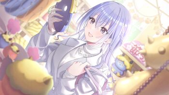 1girl blue_eyes blue_hair braid buttons flower game_cg holding horns idolmaster idolmaster_shiny_colors idolmaster_shiny_colors_song_for_prism japanese_text official_art open_mouth suzuki_hana turtleneck