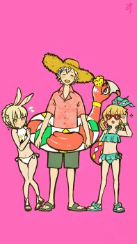 1boy 2girls alice_(grimms_notes) alternate_costume alternate_hairstyle animal_ears aqua_bikini aqua_sandals bad_id bad_pixiv_id bikini blush blush_stickers braid breasts brown_sandals buttons closed_eyes collarbone frilled_bikini frills full_body green_sandals green_shorts grimms_notes hair_between_eyes hat heart heart-shaped_eyewear highres inflatable_raft lewis_carroll_(grimms_notes) medium_hair misoshiru_umai4 multiple_girls navel open_mouth pink_shirt rabbit_ears rabbit_girl sandals shirt short_hair shorts signature simple_background smile sparkle standing straw_hat sunglasses swimsuit teeth upper_teeth_only white_rabbit_(grimms_notes) yellow_eyes