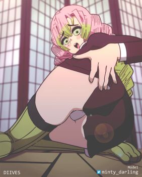 1girl ahoge animated animated_gif ass blush braid diives feet gradient_hair green_eyes green_hair hair_between_eyes highres japanese_clothes kanroji_mitsuri kimetsu_no_yaiba long_hair long_sleeves looking_at_viewer lying mole mole_under_eye multicolored_hair on_side panties pink_hair pleated_skirt skirt smile solo toes twin_braids twitter_username two-tone_hair underwear white_panties