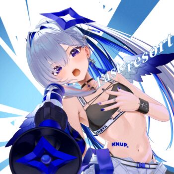 1girl amane_kanata amane_kanata_(lock_on) angel_wings black_choker black_nails black_sports_bra blue_hair blue_halo blue_nails blue_wings braid choker colored_inner_hair earrings feathered_wings flat_chest gradient_wings grey_hair hair_intakes halo hand_on_own_chest highleg highleg_panties highres holding holding_megaphone hololive jewelry long_hair looking_at_viewer megaphone mini_wings multicolored_hair multicolored_wings nail_polish navel o-ring o-ring_choker official_alternate_costume open_mouth panties panty_straps pink_streaks ponytail purple_eyes purple_nails ring side_braid smallpine_7 solo sports_bra star_halo sticker_on_stomach stomach streaked_hair teeth tilted_halo underwear upper_teeth_only virtual_youtuber white_wings wings wristband