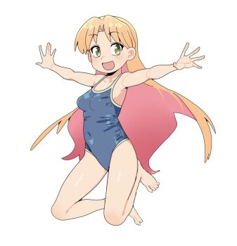 1girl :d armpits bare_arms bare_legs bare_shoulders barefoot blue_one-piece_swimsuit breasts colored_inner_hair commentary feet green_eyes highres karubi_(karubi465558) long_hair looking_at_viewer multicolored_hair new_school_swimsuit one-piece_swimsuit open_mouth orange_hair outstretched_arms pink_hair ruri_no_houseki school_swimsuit simple_background small_breasts smile solo spread_arms swimsuit tanigawa_ruri toes two-tone_hair very_long_hair white_background