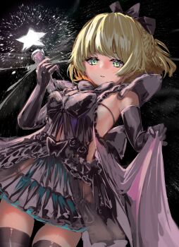 1girl blonde_hair clothes_lift commentary_request fuuka_koji green_eyes heaven_burns_red highres magical_girl nanase_nanami_(heaven_burns_red) short_hair star_(symbol) thighhighs thighs