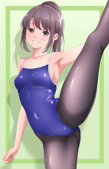 1girl akippoi_0919 armpits bare_shoulders black_pantyhose brown_eyes brown_hair highleg highres original pantyhose ponytail school_swimsuit split standing standing_on_one_leg standing_split swimsuit