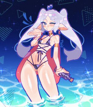 Rule 34 | 1girl, ahoge, bikini, black bikini, blowing kiss, bottle, bracelet, cape, earrings, elf, frieren, frieren blowing a kiss, gold bracelet, hand up, heart, heart ahoge, highres, holding, holding bottle, jewelry, long hair, looking at viewer, multiple bracelets, o3o, one eye closed, pointy ears, puckered lips, red cape, red shawl, shawl, solo, sousou no frieren, sparkle, swimsuit, teardrop earrings, tuiffff, twintails, wading, water