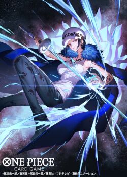 1girl black_hair blue_cape blue_eyes cape chest_tattoo closed_mouth commentary_request copyright_name denim earrings feather_trim hand_tattoo hat high_heels highres holding holding_sword holding_weapon jeans jewelry law-chan looking_at_viewer namahamu913 official_art one_piece one_piece_card_game pants short_hair sidelocks sword tank_top tattoo trafalgar_law weapon white_tank_top