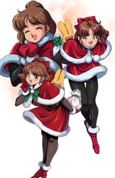 1girl ^_^ arle_nadja arm_behind_back bag black_pantyhose bodystocking boots bow brown_eyes brown_hair capelet carbuncle_(puyopuyo) closed_eyes commentary creature creature_on_shoulder cropped_torso dress full_body fur-trimmed_boots fur-trimmed_capelet fur-trimmed_dress fur-trimmed_gloves fur_trim gloves hair_bow hand_up hands_up happy highres holding holding_bag index_finger_raised leaning_forward medium_hair multiple_views on_shoulder open_mouth pantyhose pom_pom_(clothes) ponytail puyopuyo red_boots red_bow red_capelet red_dress red_gloves shimadai587779 smile standing white_background white_bag