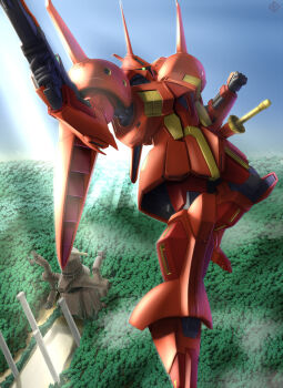 Rule 34 | beam rifle, cattle (gundam zz), day, energy gun, forest, gun, gundam, gundam zz, mecha, mecha focus, nature, pillar, r-jarja, raybar, robot, sheath, sheathed, signature, sky, weapon