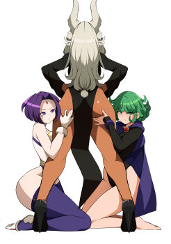 3girls :o absurdres animal_ears ass bare_hips bare_legs bare_shoulders black_dress black_footwear black_leotard boku_no_hero_academia breasts cape clothing_cutout commentary cosplay costume_switch crescent_print crossover dark-skinned_female dark_skin dc_comics dress english_commentary facing_away female_focus flipped_hair forehead_jewel gloves green_eyes green_hair hand_on_another's_ass hands_on_own_hips high_heels highleg highleg_leotard highres kneeling large_breasts leotard lixiart long_hair long_sleeves looking_at_another looking_at_viewer matching_hair/eyes mirko mirko_(cosplay) multiple_crossover multiple_girls no_panties one-punch_man parted_bangs parted_lips pelvic_curtain purple_cape purple_eyes purple_hair purple_thighhighs rabbit_ears rabbit_girl rabbit_tail raven_(dc) raven_(dc)_(cosplay) short_hair sleeved_leotard sleeveless_turtleneck_leotard smile tail tail_through_clothes tatsumaki tatsumaki_(cosplay) teen_titans thighhighs thighs white_background white_gloves white_hair white_leotard