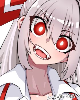 1girl :d absurdres bow bright_pupils collared_shirt commentary_request dated dot_nose eyelashes fangs fujiwara_no_mokou grey_hair hair_bow highres long_hair neophyte open_mouth portrait red_bow red_eyes red_suspenders shirt simple_background smile solo suspenders touhou transparent_background white_bow white_pupils white_shirt wing_collar