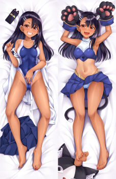1girl animal_ear_fluff animal_ears animal_hands armpits arms_up barefoot black_hair black_tail blue_panties blue_skirt blush breasts brown_eyes cameltoe cat_ears cat_mask cat_tail cellphone cheerleader clothes_lift commentary_request competition_swimsuit cuddly_octopus dakimakura_(medium) fake_animal_ears fake_tail fang full_body gloves grin hair_ornament hairclip ijiranaide_nagatoro-san long_hair looking_at_viewer lying mask midriff multiple_views nagatoro_hayase navel on_back one-piece_swimsuit one-piece_tan open_mouth panties parallel_hairclips paw_gloves phone pleated_skirt shirt skirt skirt_lift sleeveless small_breasts smartphone smile suzu_miya swimsuit tail tan tanline underwear unworn_mask unworn_skirt white_shirt