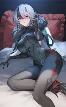 1girl absurdres adapted_costume arlecchino_(genshin_impact) arm_support black_eyes black_hair black_hands black_pants black_shoes black_vest breasts coat colored_extremities fur-trimmed_coat fur_trim genshin_impact grey_hair hand_up high_heels highres large_breasts looking_at_viewer lying multicolored_hair on_bed on_side pants parted_lips pi_tayuko shoes solo streaked_hair symbol-shaped_pupils vest x-shaped_pupils