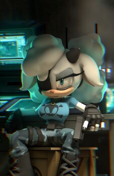 1girl 3d bell boots breasts cowbell eyepatch fingerless_gloves gloves gun highres lanolin_the_sheep m0lag sonic_(series) sonic_the_hedgehog_(idw) weapon