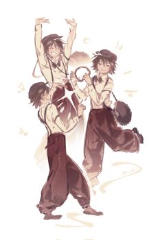 1boy arms_up baggy_pants black_hair black_hat black_pants bow bowtie bungou_stray_dogs closed_mouth collared_shirt commentary_request dancing edogawa_ranpo_(bungou_stray_dogs) full_body grin happy harechi hat highres holding_tambourine male_focus multiple_views music musical_note one_eye_closed pants shirt shirt_tucked_in short_hair simple_background smile sparkle standing suspenders white_background white_shirt