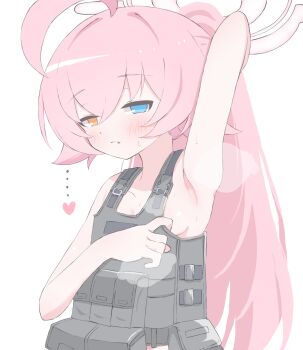 ... 1girl ahoge arm_behind_head arm_up armpits bare_shoulders blue_archive blue_eyes breasts bulletproof_vest closed_mouth commentary_request fang fang_out hair_between_eyes halo hand_up heart heterochromia highres hoshino_(blue_archive) huge_ahoge light_frown loli long_hair looking_at_viewer naked_bulletproof_vest norippe_(user_zgsf8872) orange_eyes pink_halo ponytail presenting_armpit sideboob simple_background small_breasts solo standing steam sweatdrop tactical_clothes very_long_hair white_background