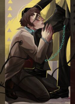 Rule 34 | bill cipher, brown hair, chain, chain leash, coat, commentary, english commentary, extra digits, extra hands, ford pines, glasses, grabbing another's hair, gravity falls, grey coat, hand on another's head, hands up, head on knee, highres, holding, holding another's hair, holding leash, leash, n0cturnalcm, open mouth, own hands together, personification, red shirt, seiza, shirt, sideburns, sitting, stepped on, wide-eyed