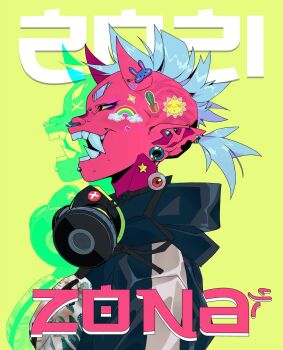 1girl blue_hair character_request colored_sclera colored_skin earrings fangs from_side gas_mask green_background hair_ornament headphones highres hood horns jacket jewelry mask non-web_source oni piercing pointy_ears pontyk_blya ponytail sharp_teeth smile sticker teeth yellow_eyes