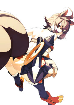 1girl animal_ears ass bare_shoulders blazblue boots breasts brown_eyes brown_hair eric_ueda fingerless_gloves gloves large_breasts looking_back makoto_nanaya microskirt skirt squirrel_ears squirrel_girl squirrel_tail tail teeth thong tonfa underboob upper_teeth_only weapon white_hair