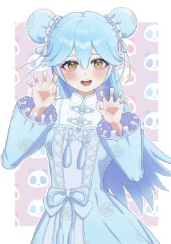 Rule 34 | 1girl, aqua dress, aqua hair, aziazi014, border, commentary request, double bun, dress, hair between eyes, hair bun, highres, hirose miina, long hair, multicolored dress, open mouth, outside border, paw pose, shine post, solo, teeth, twitter username, upper teeth only, white border, white dress, yellow eyes