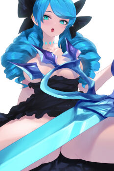 1girl :o aqua_eyes black_bow black_dress blue_hair bow breasts cait_aron clothes_lift clothes_pull collarbone commentary_request convenient_censoring dress dress_lift dress_pull drill_hair gluteal_fold gwen_(league_of_legends) hair_bow league_of_legends long_hair medium_breasts open_mouth simple_background sitting solo sword teeth thighs tongue twin_drills twintails upper_teeth_only weapon white_background