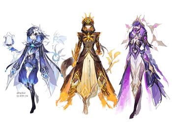 1girl 2boys alternate_costume alternate_universe arm_behind_back artist_name baggy_pants blue_eyes blue_hair blunt_bangs braid breasts brown_hair chinese_clothes cleavage clenched_hand closed_mouth commentary cracked_skin english_commentary eye_mask fake_horns floating flower flower_ornament bad_tag full_body genshin_impact gradient_hair gradient_skin hair_between_eyes hair_flower hair_ornament halo hand_on_own_hip happy head_tilt headpiece highres hood hood_up horns instrument japanese_clothes long_braid long_hair looking_at_viewer mask mole mole_under_eye mouth_mask multicolored_hair multiple_boys nuiilar open_mouth orange_eyes pants purple_eyes purple_hair raiden_shogun raiden_shogun_(magatsu_mitake_narukami_no_mikoto) short_hair shorts side_braids simple_background single_braid smile standing streaked_hair twitter_username venti_(archon)_(genshin_impact) venti_(genshin_impact) weapon white_background white_flower zhongli_(archon)_(genshin_impact) zhongli_(genshin_impact)