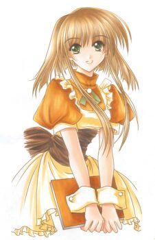 Rule 34 | 1girl, apron, back bow, bad id, black bow, black sash, bow, brown hair, cropped legs, frilled apron, frills, green eyes, holding, holding notepad, kirahana, long sidelocks, looking at viewer, medium hair, notepad, open mouth, orange shirt, original, puffy short sleeves, puffy sleeves, sash, shirt, short sleeves, sidelocks, simple background, smile, solo, turtleneck, turtleneck shirt, waitress, white background, wrist cuffs, yellow apron
