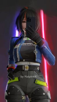 1girl absurdres black_gloves black_hair black_pants blue_jacket breasts cowboy_shot g-string gloves high-waist_pants highres holding holding_phone jacket large_breasts looking_at_viewer malphier multicolored_hair multiple_views pants phone police police_badge police_uniform policewoman ponytail red_eyes red_hair selfie streaked_hair thong tight_clothes tight_pants zenless_zone_zero zhu_yuan