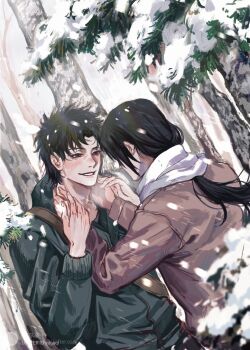 2boys alternate_costume black_hair blush brown_jacket commentary green_jacket hands_on_another's_neck highres jacket long_hair male_focus momoyoru1 multiple_boys naruto_(series) naruto_shippuuden short_hair smile snowing symbol-only_commentary tree uchiha_itachi uchiha_shisui upper_body yaoi