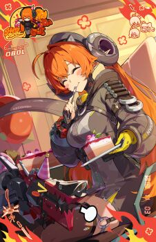 1girl absurdres asymmetrical_gloves birthday black_hat black_jacket brown_thighhighs cake cake_slice chinese_commentary closed_eyes commentary_request dragon_girl dragon_horns dragon_tail dutch_angle eating fingerless_gloves food fork gloves hat highres hood hooded_jacket horns jacket long_hair magus_(zenless_zone_zero) mechanical_tail mismatched_gloves official_art orange_hair orphie_magnusson party_hat pointy_ears sitting tail thighhighs twintails yellow_gloves zenless_zone_zero