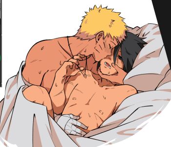 Rule 34 | 2boys, art program in frame, bandaged arm, bandaged hand, bandages, black hair, blonde hair, blush, commentary, hand on another's chin, hand on another's stomach, jewelry, kiss, kissing cheek, male focus, multiple boys, naruto (series), necklace, nipples, nude, on bed, pillow, scar, scar on arm, shared bed, sweat, themidnights0ng, uchiha sasuke, under covers, uzumaki naruto, yaoi