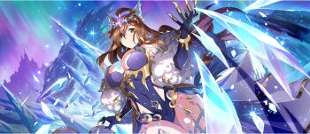 1girl ahoge animal_ears aurora bare_legs bare_shoulders bracelet breast_tattoo breasts brown_eyes brown_hair claws cleavage clothing_cutout collar covered_navel cryokinesis elbow_gloves feather_boa from_below game_cg gloves gold_trim hair_over_one_eye hands_up highres ice jewelry kemonomimi_mode kono_subarashii_sekai_ni_shukufuku_wo! konosuba!_fantastic_days large_breasts leotard light_smile long_hair looking_at_viewer looking_down magic official_alternate_costume official_art purple_collar purple_gloves purple_leotard side_cutout sidelocks solo strapless strapless_leotard tail tailcoat tattoo thighhighs tiara underboob_cutout wavy_hair wiz_(konosuba)