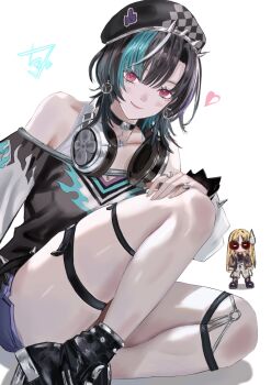 absurdres aqua_streaks black_choker black_hair blush choker closed_mouth dhbwinner earrings grey_streaks headphones highres hololive hololive_dev_is jewelry koganei_niko light_smile purple_streaks rindo_chihaya smile virtual_youtuber white_background