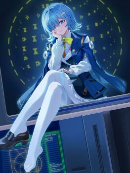 1girl absurdres arrow_hair_ornament black_dress black_shoes blue_eyes blue_hair blue_jacket chinese_commentary closed_mouth commentary_request crossed_legs dress hair_over_one_eye hand_on_own_face highres i.r.i.s._(wuthering_waves) jacket loafers looking_at_viewer medium_hair pantyhose shirt shoes single_shoe sitting smile solo white_pantyhose white_shirt wuthering_waves xiongji_z_z