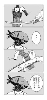 Rule 34 | ..., 1girl, 2boys, akqseniq, apron, bare shoulders, barefoot, black apron, bomb, bomb devil (chainsaw man), border, breasts, chainsaw, chainsaw devil, chainsaw man, cleavage, commentary request, denji (chainsaw man), explosive, grey background, hayakawa aki, highres, holding, holding sword, holding weapon, katana, medium breasts, multiple boys, open mouth, panties, reze (chainsaw man), severed limb, sharp teeth, shirt, sleeves rolled up, speech bubble, spoken ellipsis, sword, teeth, thought bubble, underwear, weapon, white border, white panties, white shirt