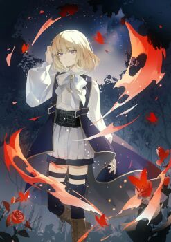 1girl absurdres artist_request bang_dream! bang_dream!_it&#039;s_mygo!!!!! black_corset black_shorts black_thighhighs blonde_hair blue_vest boots brown_boots chinese_commentary closed_mouth commentary_request commission corset flower highres medium_hair misumi_uika purple_eyes red_flower red_rose rose second-party_source shirt shorts sky solo star_(sky) starry_sky thighhighs vest white_shirt