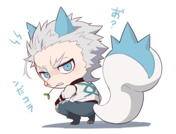 0nodera 1boy animal_ears blue_eyes blue_pants chibi chibi_only commentary_request fate/grand_order fate_(series) forked_eyebrows full_body gen_4_pokemon grey_hair jacket looking_back male_focus mouth_hold nagakura_shinpachi_(fate) nintendo notched_ear pachirisu pants pokemon simple_background solo squatting stalk_in_mouth translation_request v-shaped_eyebrows white_background white_jacket