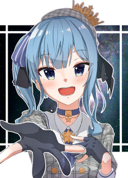 Rule 34 | 1girl, absurdres, beret, black gloves, blue choker, blue eyes, blue hair, blush, choker, commentary request, crown, gloves, grey hat, grey shirt, hand on own chest, hat, highres, hololive, hoshimachi suisei, hoshimachi suisei (1st costume), looking at viewer, open mouth, partially fingerless gloves, shirt, side ponytail, smile, solo, star (symbol), star in eye, symbol in eye, u da desu, virtual youtuber