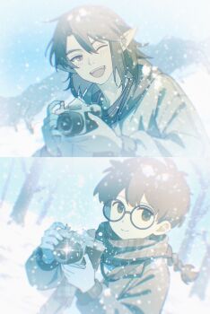 2boys a'gen_(the_legend_of_luoxiaohei) awsj7858 black_hair braid braided_ponytail camera coat commentary earrings glasses highres holding holding_camera jewelry lanxi_zhen long_hair long_sleeves looking_at_viewer luo_xiaohei_zhanji multiple_boys one_eye_closed plaid_clothes plaid_scarf pointy_ears round_eyewear scarf single_earring snow snowflakes snowing symbol-only_commentary winter winter_clothes winter_coat xuan_li_(the_legend_of_luo_xiaohei)