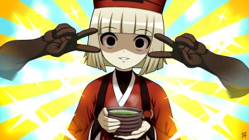 1girl black_eyes blunt_bangs breasts cup double_v emotional_engine_-_full_drive fate/grand_order fate_(series) ghost_hands grey_hair grin guriguri_(arayotto4351) hat highres japanese_clothes kimono long_sleeves looking_at_viewer red_hat red_kimono sen_no_rikyu_(fate) sen_no_rikyu_(first_ascension)_(fate) shaded_face short_hair small_breasts smile solo sparkle sunburst sunburst_background tea v wide_sleeves