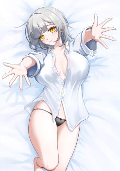 1girl absurdres arms_up bare_legs barefoot bed_sheet black_panties blush breasts cleavage closed_mouth commentary commission english_commentary from_above grey_hair head_tilt highres knee_up large_breasts long_sleeves looking_at_viewer lying moragon584 no_bra on_back on_bed original panties partially_unbuttoned short_hair smile solo underwear yellow_eyes