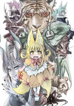 5girls :d :q animal animal_ears blonde_hair blue_eyes bow bowtie brown_hair clothed_animal dog doitsuken earphones fang fox_child_(doitsuken) fox_ears fox_tail green_hair horns iguana interlocked_fingers looking_at_viewer mantis monster multiple_girls oni open_mouth orange_skirt original puffy_short_sleeves puffy_sleeves purple_hair red-tinted_eyewear red_neckwear red_oni shiba_inu short_sleeves skirt smile standing sunglasses tail tanuki tinted_eyewear tongue tongue_out white_background yellow_eyes