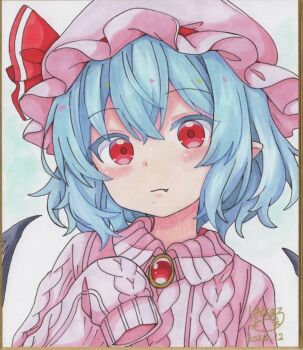 1girl alternate_costume bat_wings blue_hair blush brooch closed_mouth commentary_request dated fang fang_out hat hat_ribbon hoshi_tea_party jewelry long_sleeves medium_hair mob_cap pink_hat pink_sweater pointy_ears red_eyes remilia_scarlet ribbon shikishi signature sleeves_past_fingers sleeves_past_wrists solo sweater touhou traditional_media wings