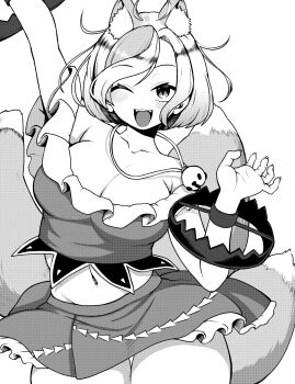 1girl ;d animal_ear_fluff animal_ears arm_up bear_trap breasts cleavage commentary_request dog_ears dog_tail extra_ears fangs greyscale groin highres himajin_noizu jewelry large_breasts looking_at_viewer midriff mitsugashira_enoko monochrome multicolored_hair navel one_eye_closed open_mouth pendant shirt short_hair skirt smile solo streaked_hair tail touhou triangle_print
