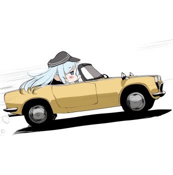 1girl absurdres black_hat blank_eyes blue_hair blush_stickers car chibi commentary_request driving flat_cap floating_hair hat hibiki_(kancolle) highres kantai_collection long_hair long_sleeves motion_lines motor_vehicle no_sclera shadow shirt sidelocks simple_background solo tf_cafe vehicle_request white_background white_shirt yellow_car