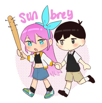 1boy 1girl antenna_hair aubrey_(faraway)_(omori) aubrey_(omori) baseball_bat black_eyes black_hair black_shoes black_socks black_sweater_vest blue_eyes blue_skirt blush brown_shorts chibi chibi_only closed_mouth collared_shirt commentary_request crop_top dendenmushi1064 denim denim_skirt double-parted_bangs grey_eyes hair_between_eyes hetero heterochromia holding holding_baseball_bat holding_hands jacket long_hair nail_(hardware) nail_bat navel omori open_clothes open_jacket open_mouth pairing_name pink_hair shirt shoes short-sleeved_jacket short_hair short_sleeves shorts skirt sneakers socks spoilers sunny_(omori) sweater_vest very_long_hair white_jacket white_shirt white_socks