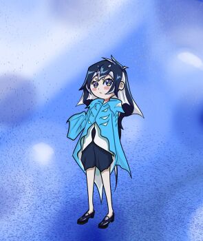 blue_eyes blue_hair blue_jacket design_speculation fish_girl highres jacket loli multicolored_hair original stingray white_hair