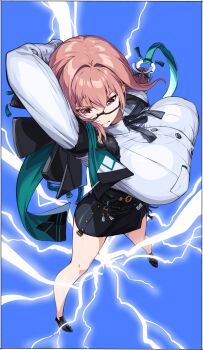 Rule 34 | 1girl, arm up, black shoes, black skirt, breasts, closed mouth, collared shirt, dress shirt, full body, glasses, high-waist skirt, highres, huge breasts, kei (soundcross), lightning, long hair, looking ahead, miniskirt, pencil skirt, pink eyes, pink hair, ponytail, ribbon, serious, shirt, shoes, skirt, solo, thighs, tsukishiro yanagi, white shirt, zenless zone zero